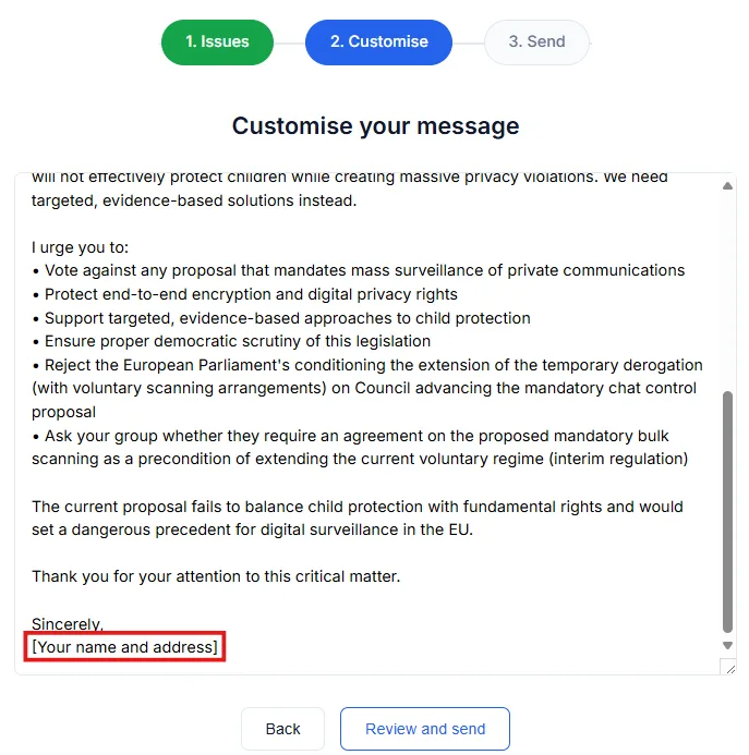 Step 3 to send an email to MEPs.