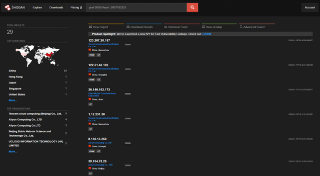 Shodan Filter: "port:50050 hash:-2007783223"